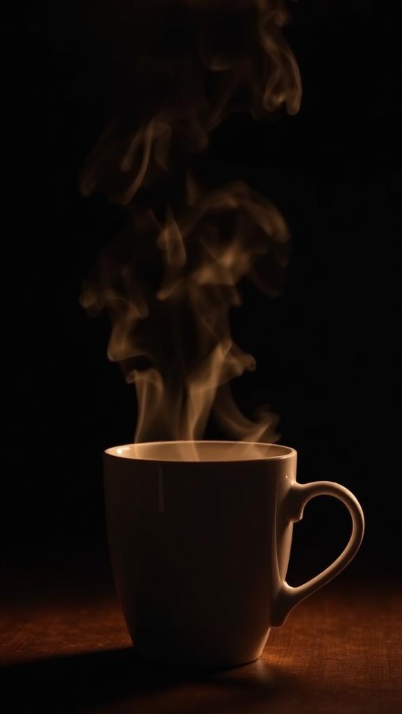 Steam rising from a coffee cup against a dark background
