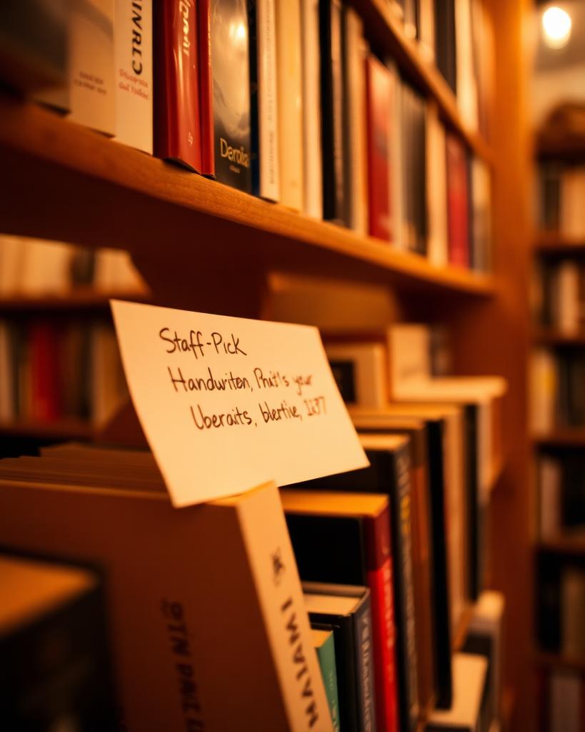 Bookshop shelf with a handwritten staff-pick note